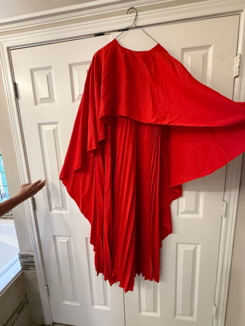 Red Pleated Cape Evening Dress - Picture 4 of 4